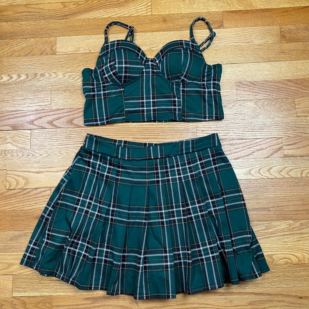 Y2K Haute Monde Plaid Skort Set Women L Green Bustier Top Pleated Rave Festival